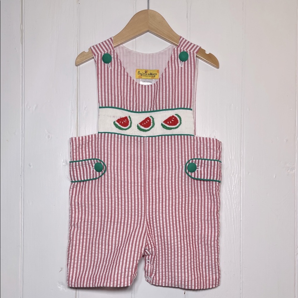 FIVE LITTLE MONKEYS EUC Hand Smocked Watermelon Striped Seersucker John John